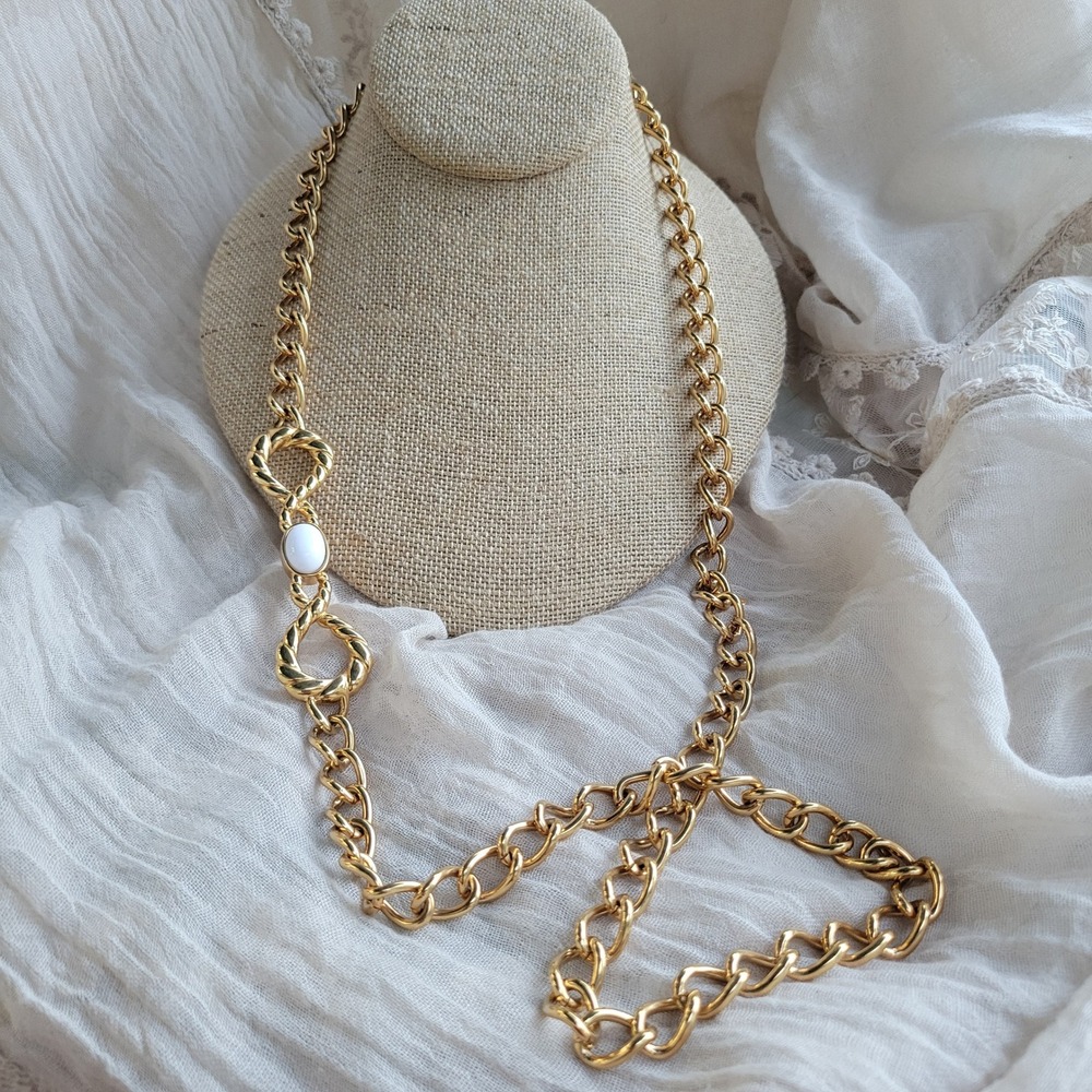 Vintage 1990s Monet Necklace Gold White Cabochon Chunky Long Chain No Closure